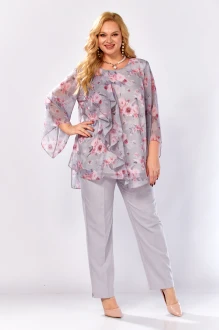 Брючный костюм Элль-Стиль 2460 серый, розовый принт
