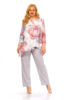 Брючный костюм Элль-Стиль 2467 бело-розовый, принт