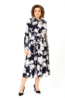 Платье Swallow 887 синий, принт листья