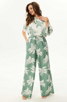Брючный костюм MisLana С964 зеленый, цветы